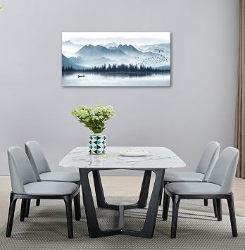 arteWOODS Indigo Canvas Wall Art Misty Mountain Wall Pictures Foggy Lake Boat Painting Prints Forest Birds Artwork Wall Decor for Living Room Wall Decorations Framed Ready to Hang 24 x 48