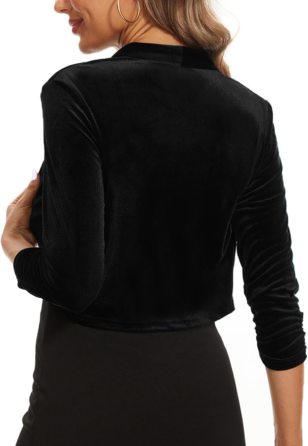 Women's Velvet Bolero Shrugs for Dresses Ruched 3/4 Sleeve Open Front Cocktail Party Cropped Cardigan - Image 2