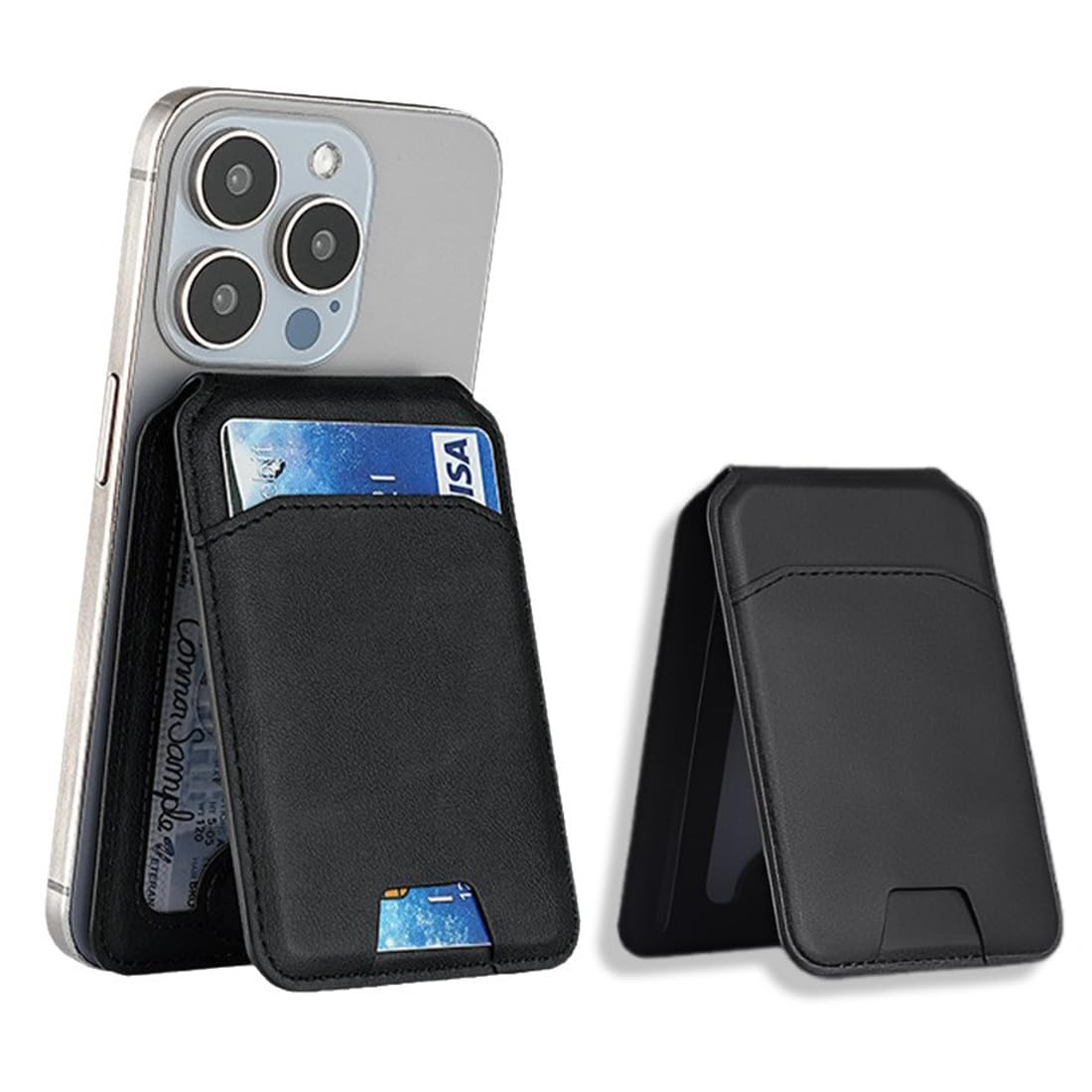Portafoglio con MagSafe, RFID Blocco, Supporto per 3 Carte, Pelle Vegana, Supporto Regolabile, Wallet per iPhone Serie 17/16/15/14/13/12,Nero