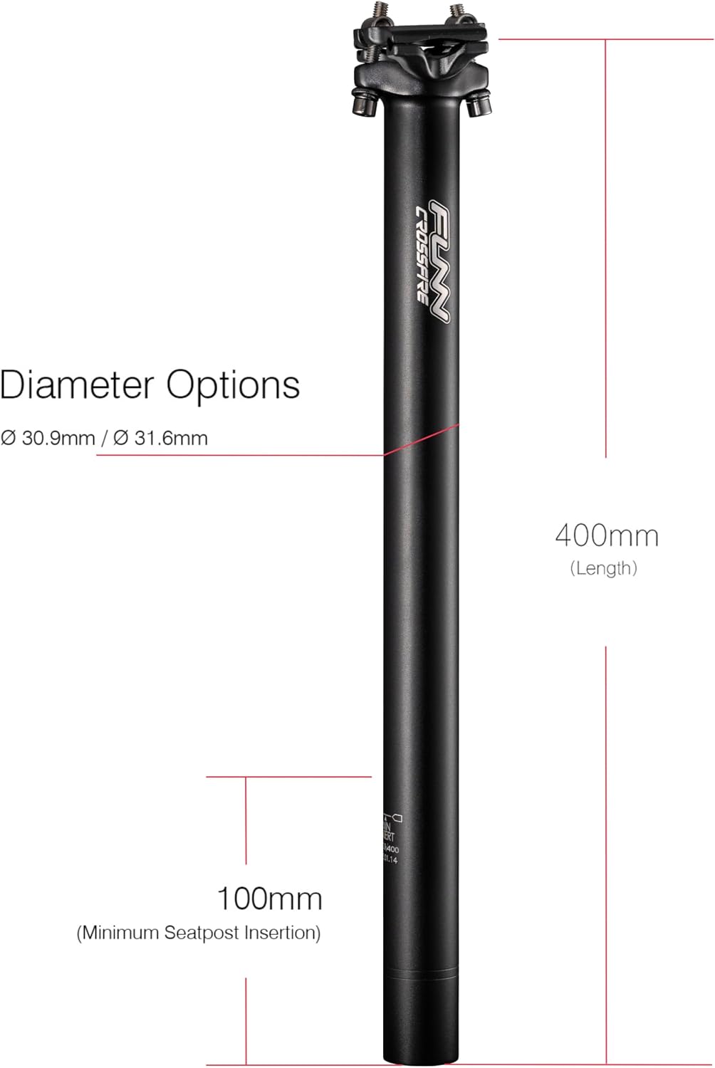 Funn Crossfire Bike Seat Post, 30.9mm, 400mm Length, AL6061 | 3D-forged construction, two-bolt micro-adjust head, 284g, multiple diameters, five color options