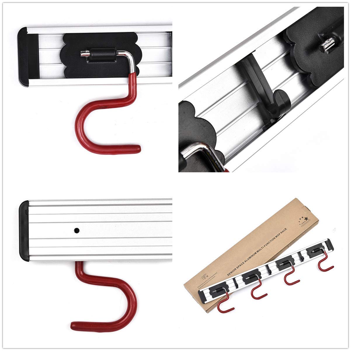 QBOSO - Soporte para escoba y trapeador montado en la pared, de acero inoxidable, tipo S, organizador antideslizante para trapeador (17 pulgadas, 4 posiciones, 3 ganchos, rojo negro) 4