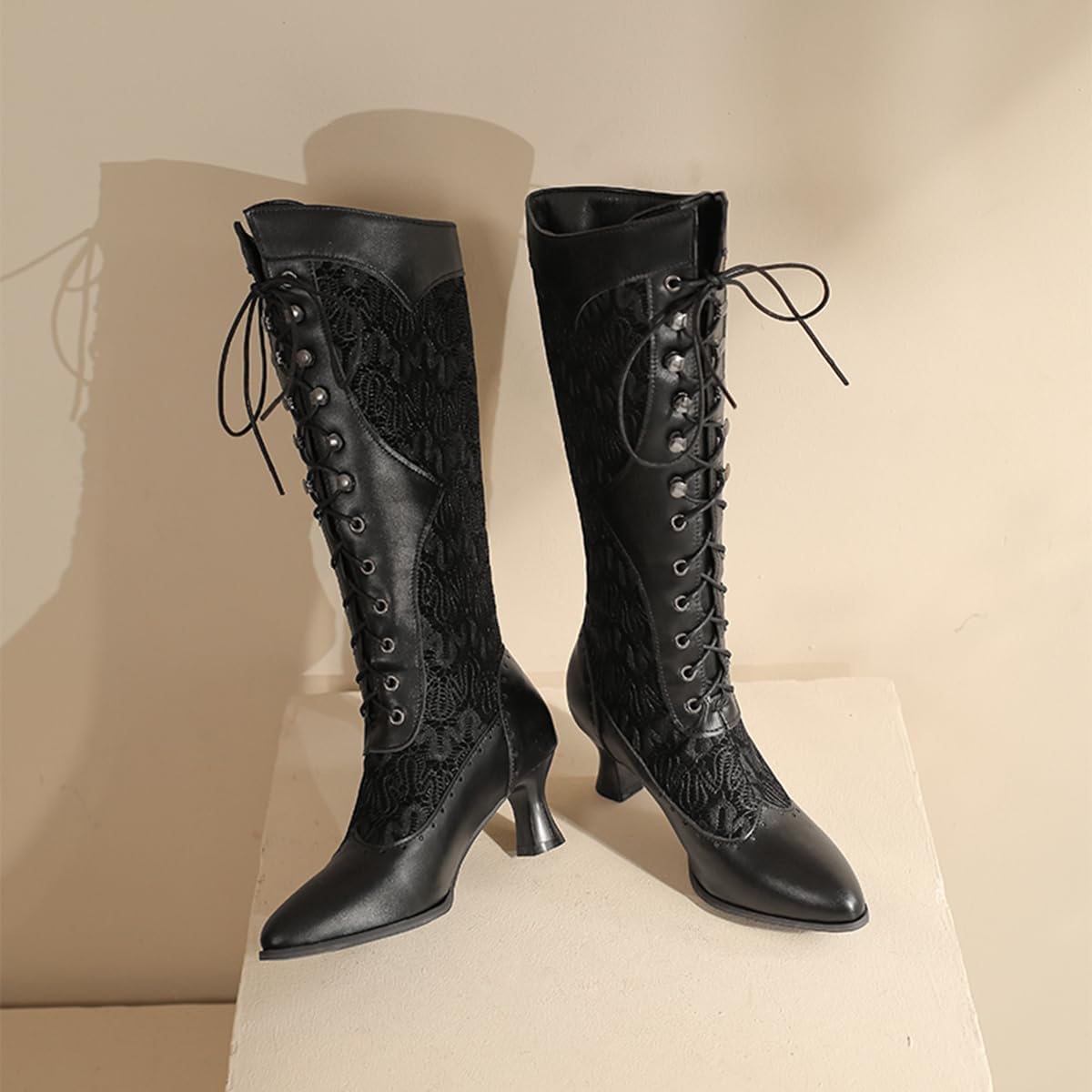 Women's Vintage Knee High Riding Boots Pointed Toe Victorian Lace Up Kitten Heels Renaissance Gothic Dressy Boot