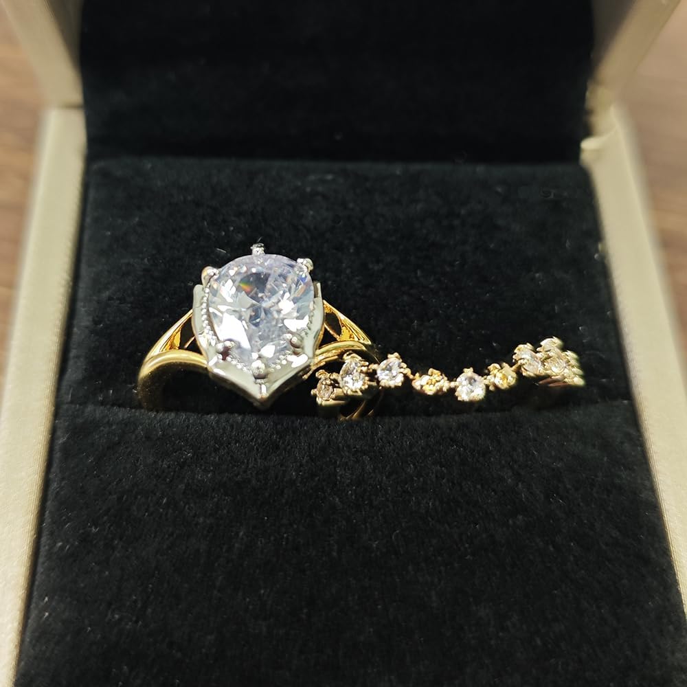 Unique Two-Tone Statement Rings Set for Women, Classic Pear Shaped Cut Moissanite Wedding Bands 925 Sterling Silver Plated Travel CZ Engagement Bridal Promise Rings Sets for Her Size 9#