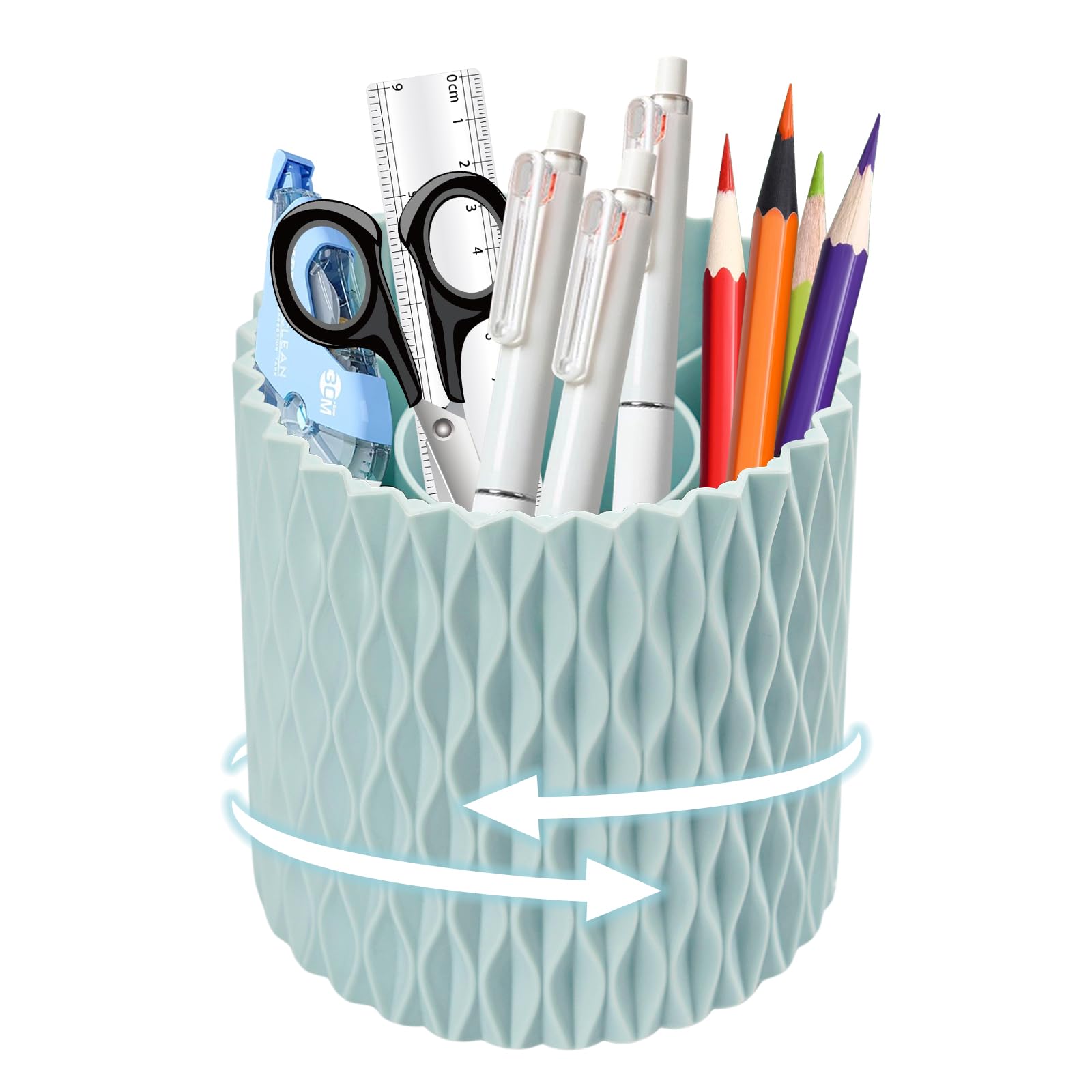 MYHOGOOD Desk Organisers Pen Holder 360° Rotating Makeup Organiser Stationary Desk Organisers with 5 Compartments Pen Pot for Home Office School Classroom (Blue)