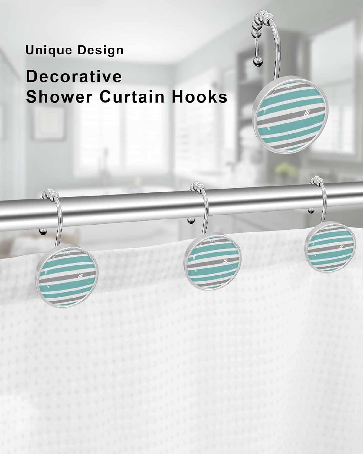 Shower Curtain Hooks Set of 12 Cyan Turquoise Gray White Geometric Stripes Crystal Glass Shower Curtain Rings for Bathroom Decorative Stainless Steel Rust Proof Roller Shower Curtain Hangers