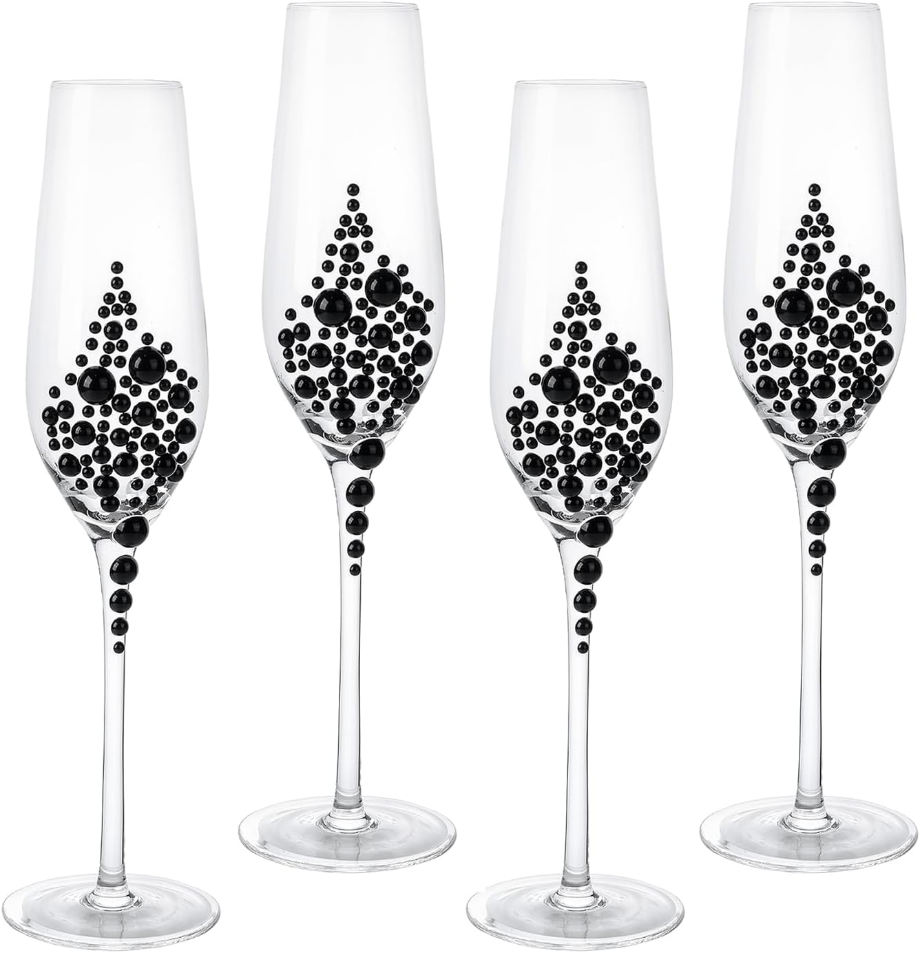 MyGift Champagne Flutes 6 oz, Clear Glass Stemmed Toasting Glasses with Faux Black Pearls – Wedding, Bridal Shower & Bachelorette Party Glassware Set of 4