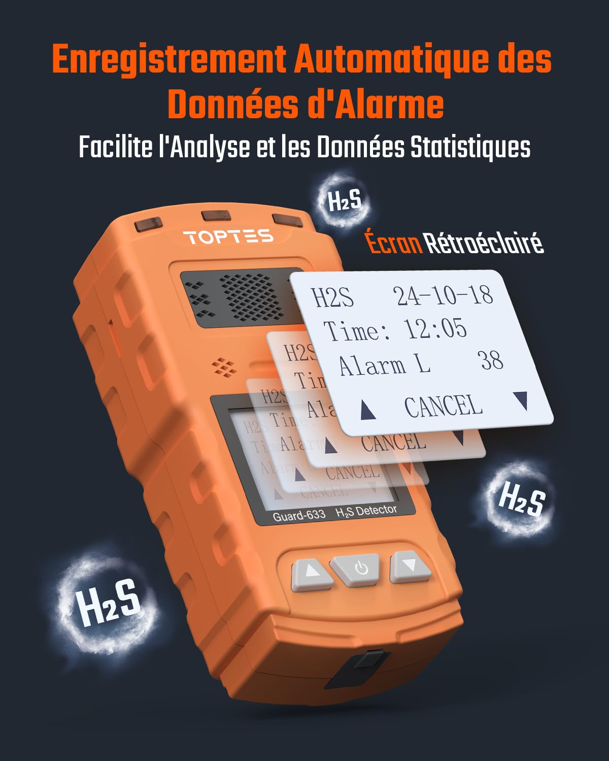TOPTES Guard-633 Détecteur de Sulfure D'hydrogène, Détecteur H2S avec Capteur Précis, Réponse Rapide 0,5s, Autonomie 7 Jours, Plage d'Alarme Réglable, 3 Modes d'Alarme, Sécurité Antidéflagrante