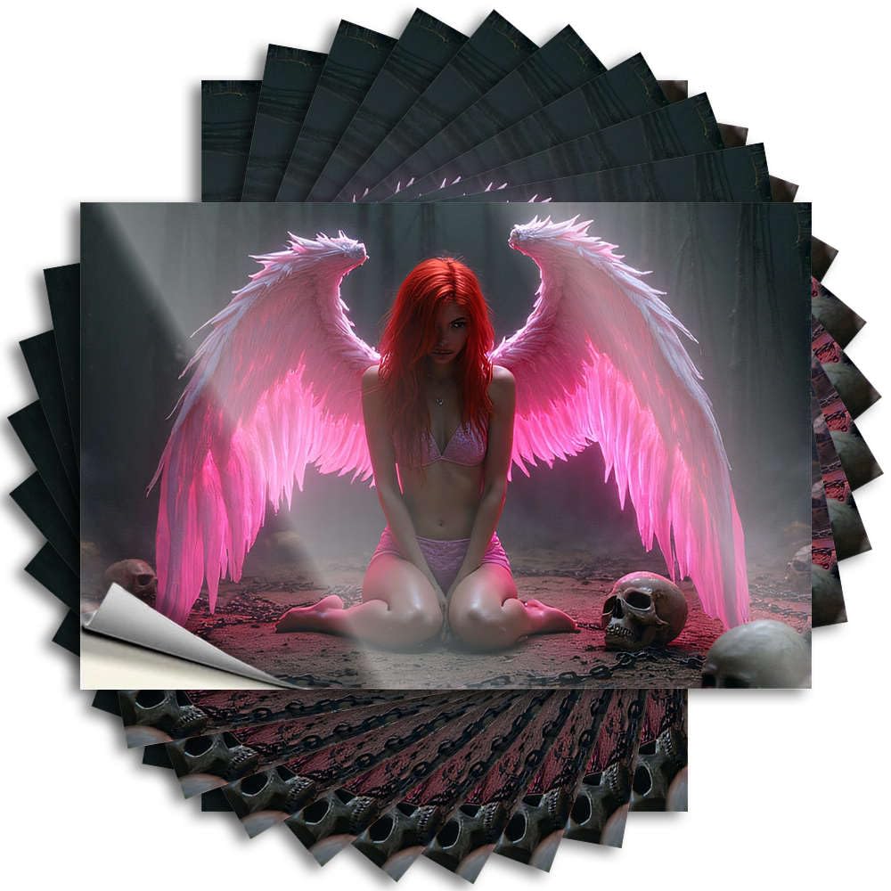 Sticker Funny Bar Decor Easy Apply | A Woman with Glowing Pink Wings Sits Among Skulls in A Dark Forest Cheap Bottle Peel and Stick(8X12CM)