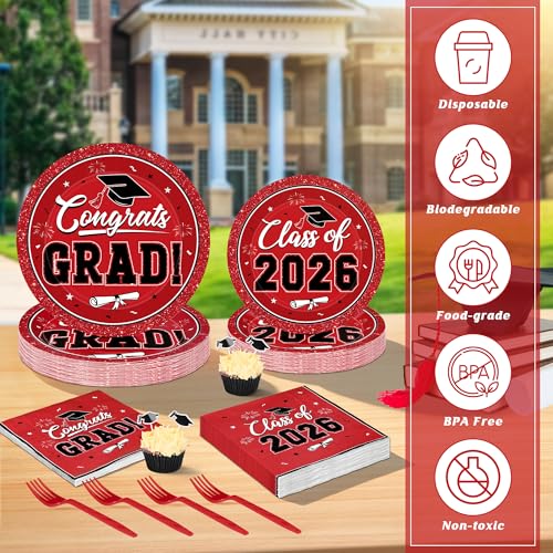 Image of QZYL 200Pcs Graduation Supplies Set 2026, Red Graduation Plates, Napkins, Dessert Plates and Plastic Forks for 50 Guests, Grad Party Disposable Tableware for Wedding, Birthday, Graduation