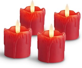 Rhytsing 2'' Red Flameless Votive Candles Real Wax Dripping Design, LED Faux Battery Operated Tealight Candles with Timer for Christmas and Advent, Batteries Included - Set of 4