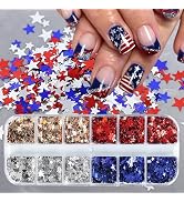 12 Grids 4th of July Nail Art Glitter Sequins 3D Holographic Independence Day Nail Glitter Flakes...