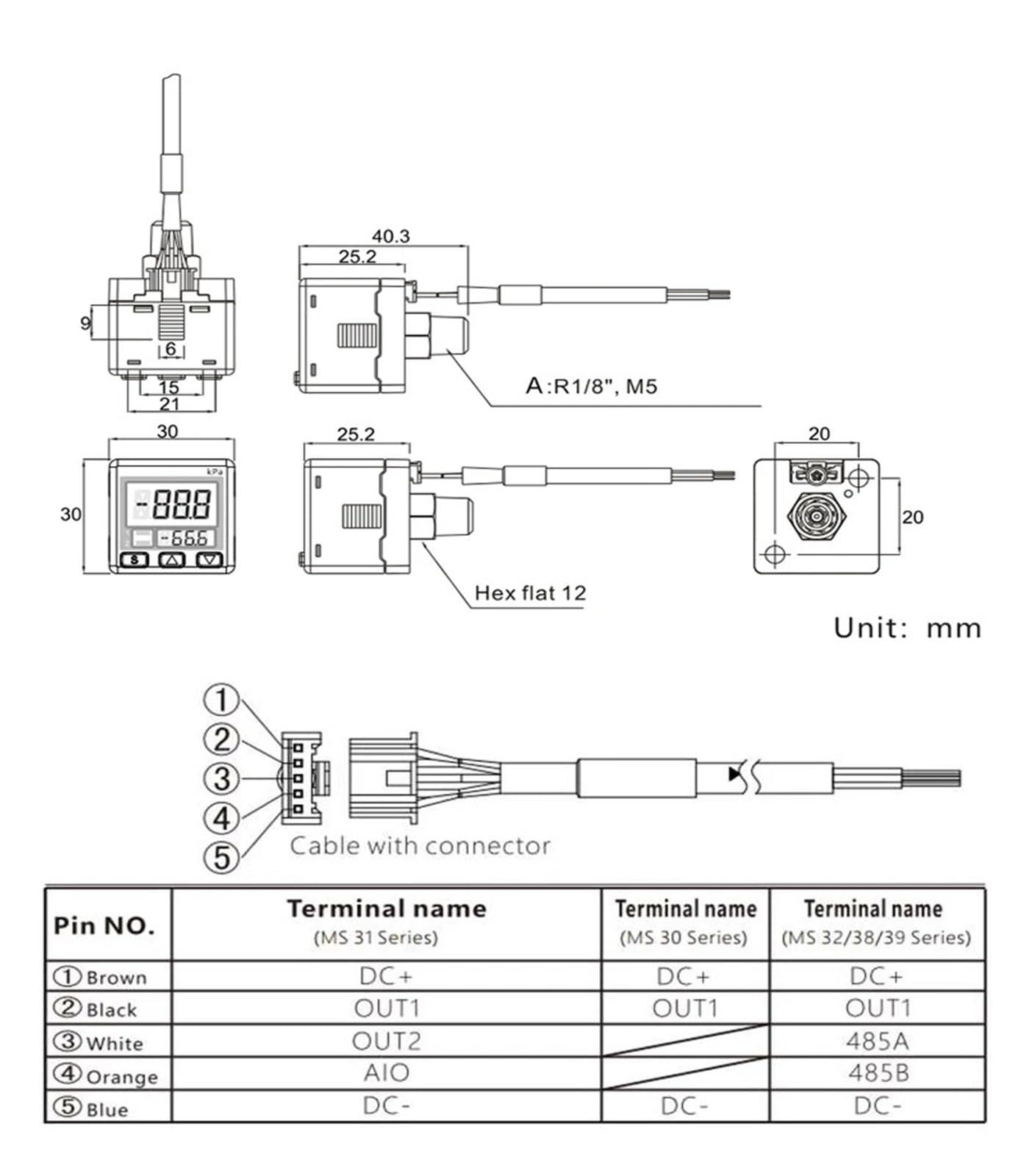 Przełącznik ciśnieniowy z cyfrowym wyświetlaczem ciśnieniowym elektroniczny ciśnieniomierz cyfrowy ciśnieniowy (-101.3-101.3kPA, 1PNP-RS485)