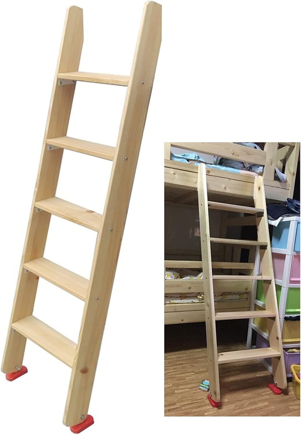 BOOCII Heavy Duty Bunk Bed Ladder 5-Step 150cm (59") - Wooden Ladder for RV Loft Stair with Hook Bracket & Non-Slip Feet, Load 150 Kg / 330lbs