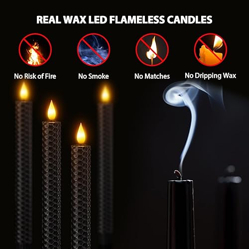 Miniatura 6 de SoulBay Velas cónicas negras sin llama, 9.7 pulgadas, funciona con pilas, de cera real con forma de panal de abeja LED con control remoto y
