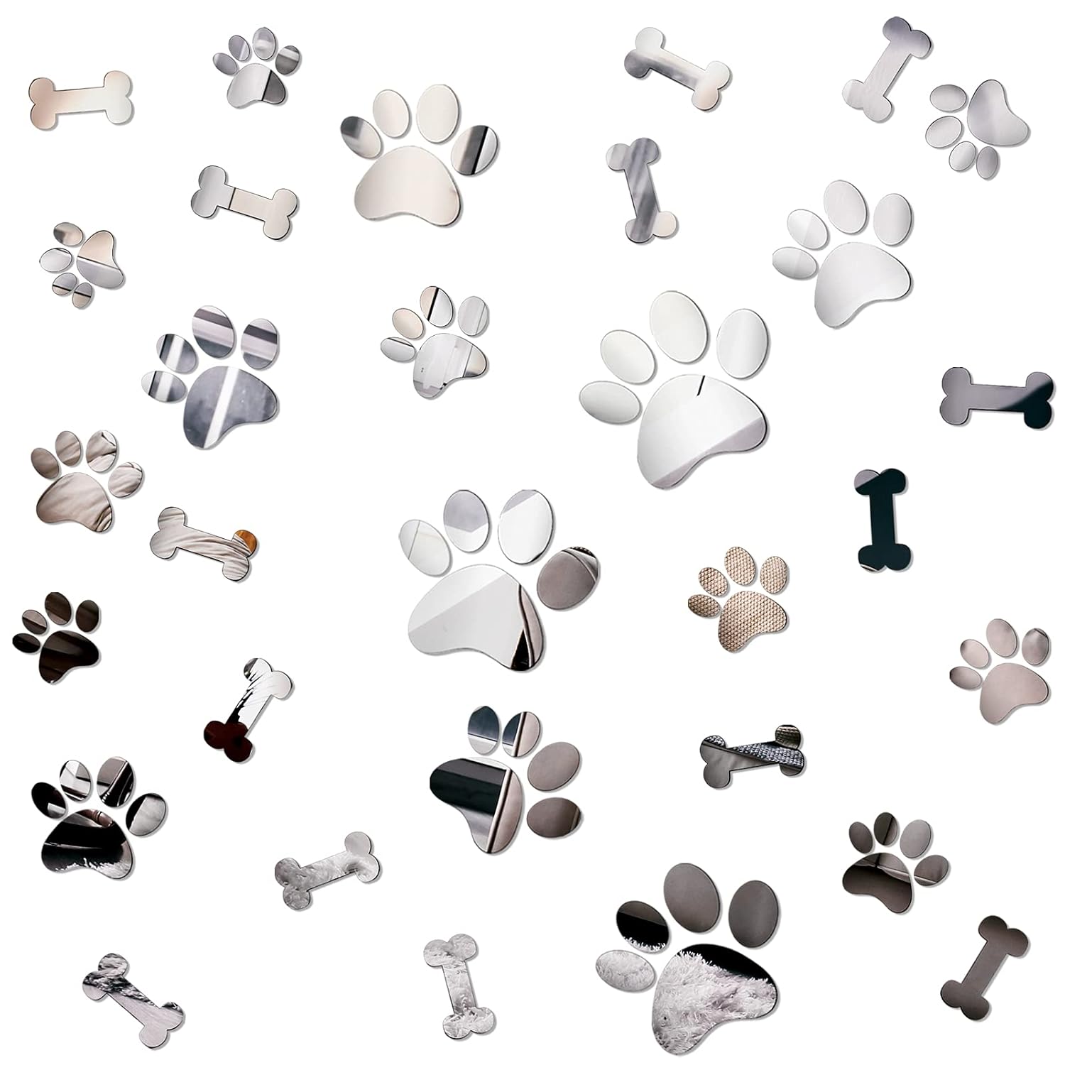 26 Pcs Acrylic Mirror Wall Stickers - Dog Paw Bones Prints, Removable Dog Pup Room Wall Decors for Kids Children Nursery Bedroom Home Decoration