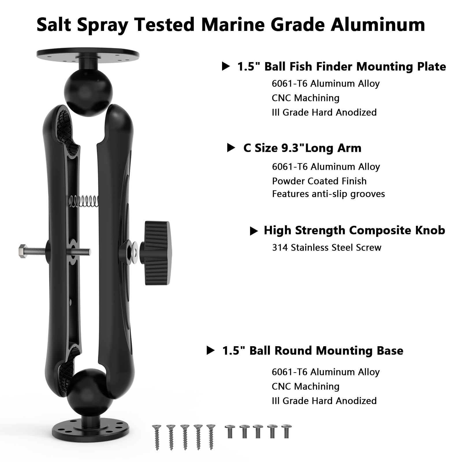 Support de détecteur de poissons compatible avec Garmin Striker 4, Striker Plus 4, Striker Vivid 4cv, bras long de 23,6 cm, rotation à 360 degrés, aluminium de qualité marine