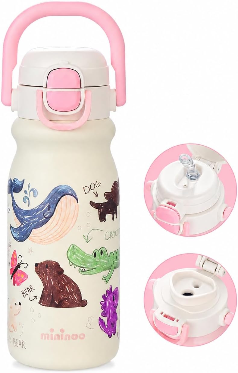 16oz Insulated Stainless Steel Kids Water Bottle for School, Animal