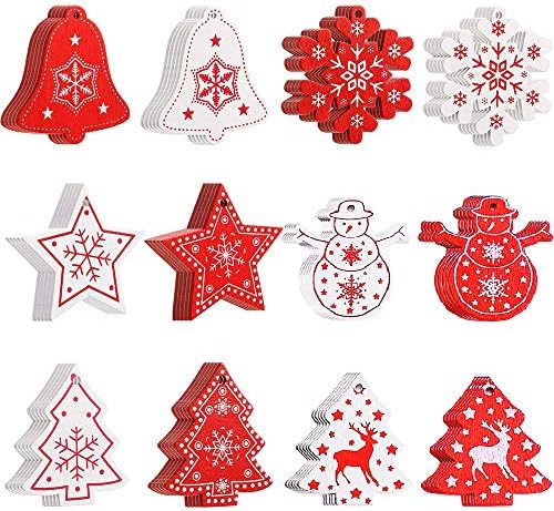 viccess 60pcs Wooden Christmas Tree Decoration Set Christmas Wooden Shapes Christmas Hanging Ornaments