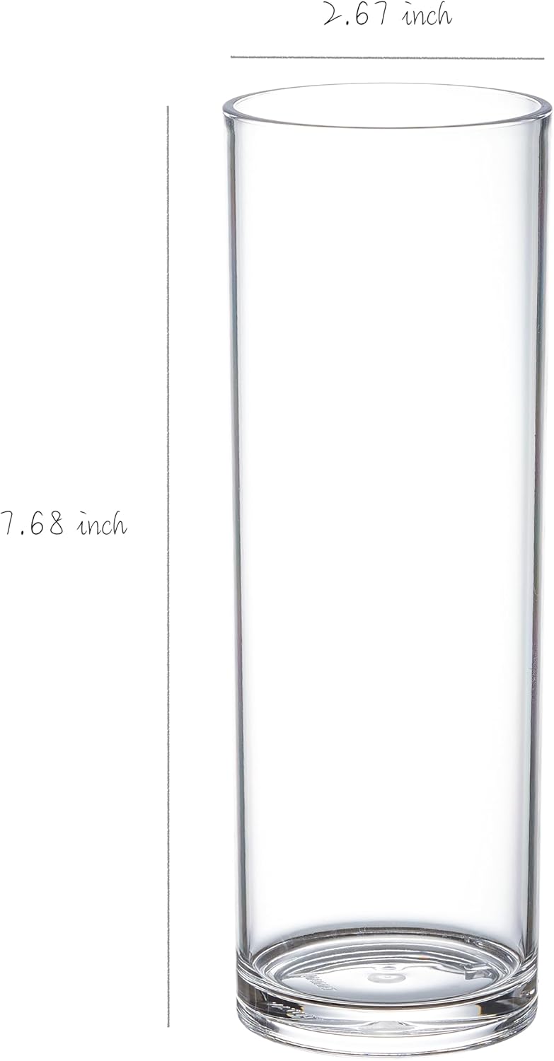 KLIFA- Carlsbad- Set of 12 Pieces, 7.68 Inch Tall, Plastic Cylinder Vases for Centerpieces, Shatterproof, High Transparency, Acrylic Flower Vase for Wedding, Parties and Home Decorations, Clear