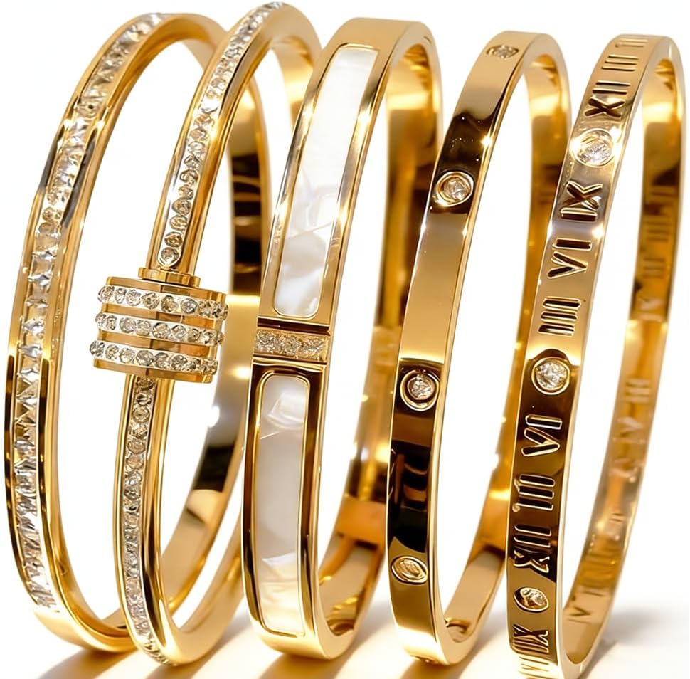 CERULEAN 5-Piece Elegant Stainless Steel Bracelet Set, Fashionable Classic Design, Stainless Steel 5 Piece Bracelet Set, Non Tarnish Bangle, Elegant Bracelets Sets for Everyday and Formal Wear