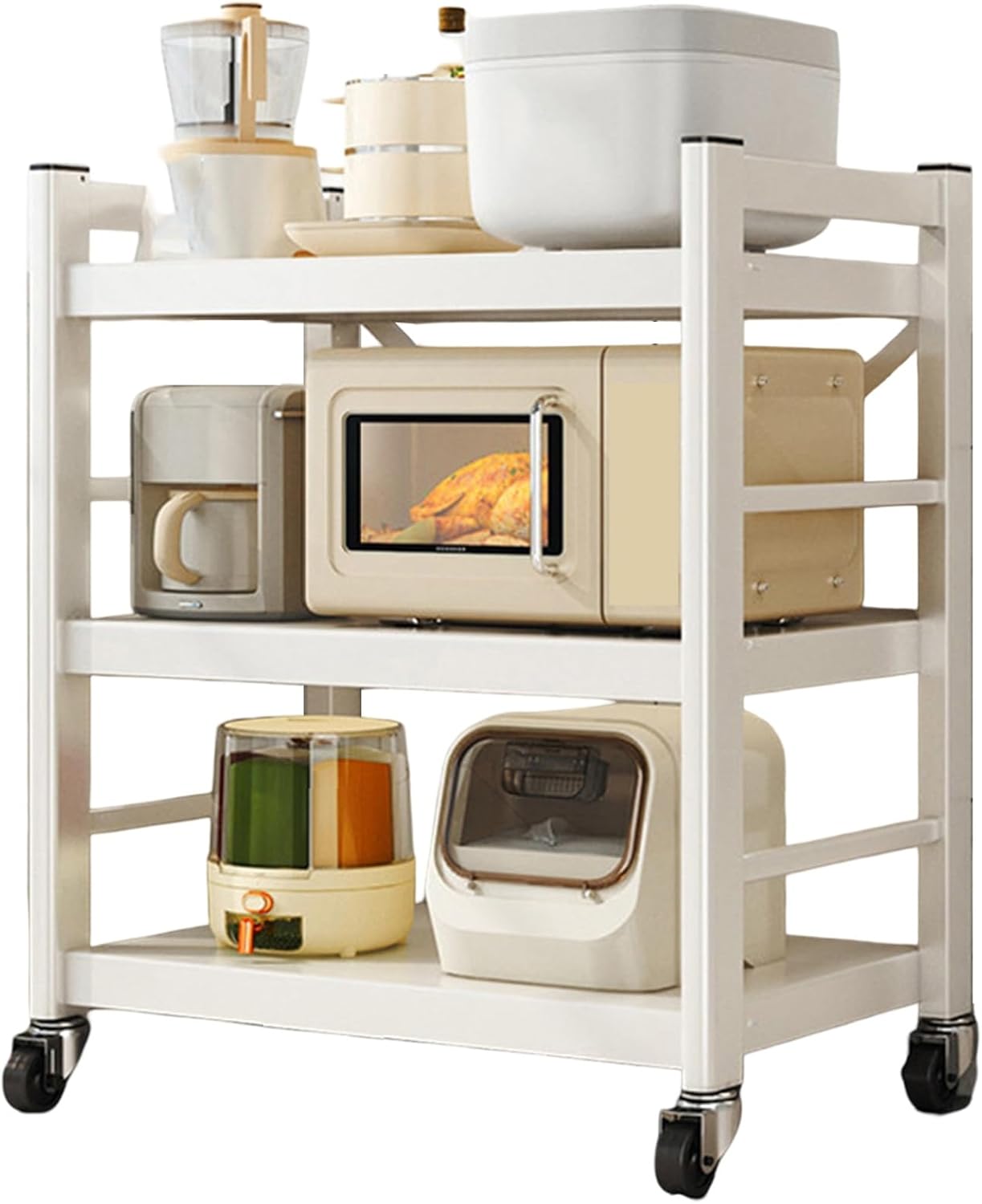 3-Tier White Metal Rolling Cart, Easy Assemble Utility Cart, Rolling Storage Trolley On Wheels, 85cm H Work Table Metal Storage Shelves for Kitchen, Basement, Pantry(L40xW41xH85cm)