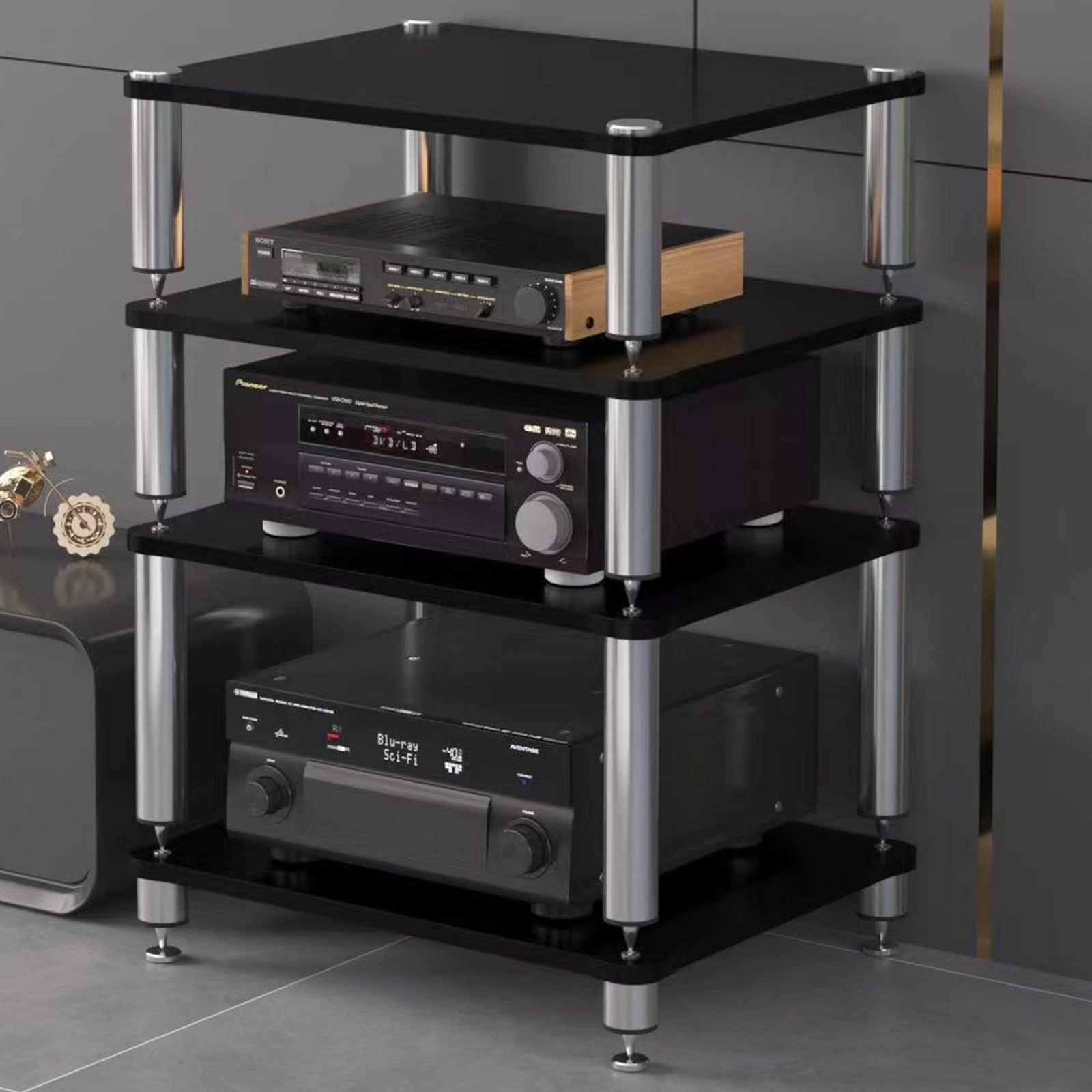 HiFi o Rack - 80 cm Holz & Stahl Ma Schrank für Ste Conent Sto - Slish Black Design für Heimkino & Musiksysteme Perfekt für Cuter De