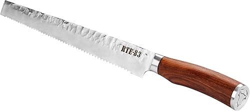 Miniatura 2 de Route83 Signature - Cuchillo para tallar pan dentado de 12 pulgadas, hecho a mano, martillado Damasco caoba americana