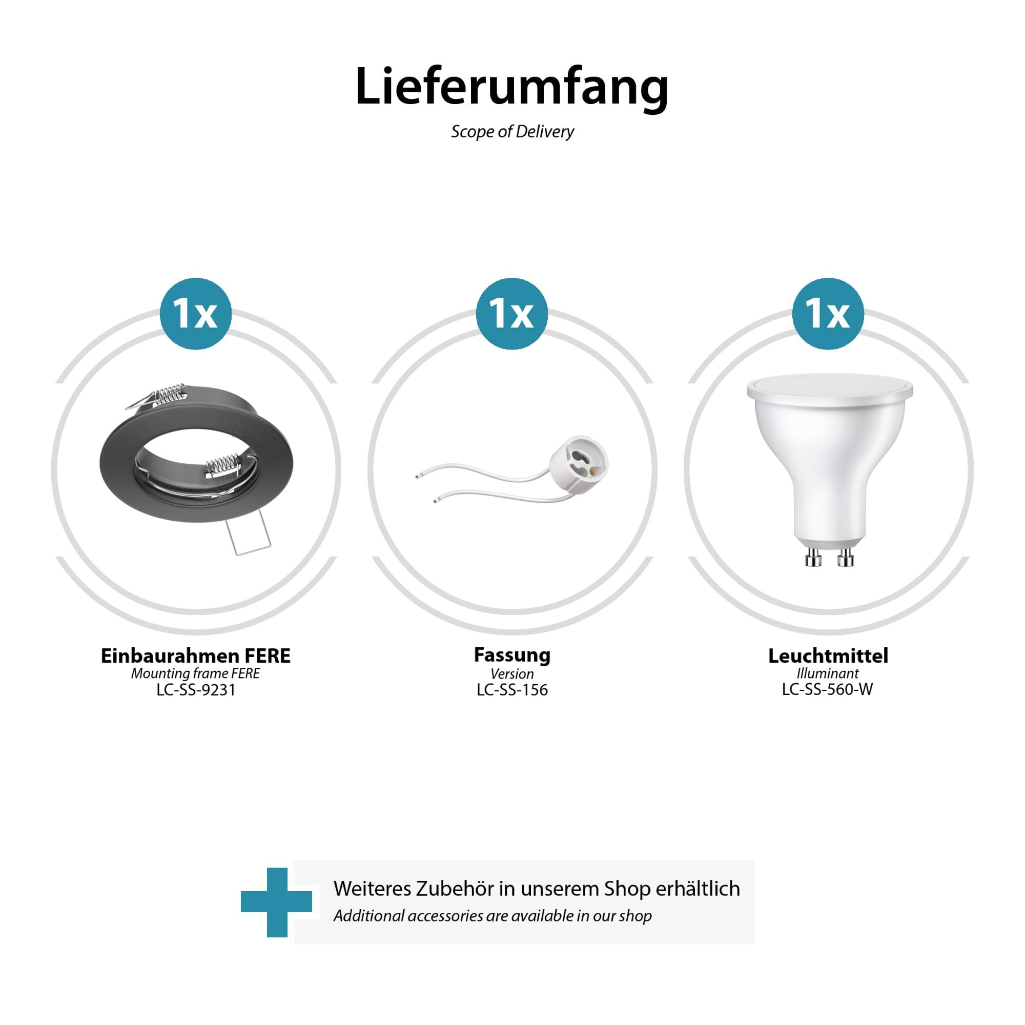 ledscom.de 10x Decken-Einbaustrahler FERE Einbaurahmen anthrazit matt, inkl. GU10 Lampe, 630lm, weiß
