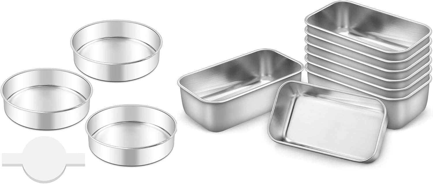 LIANYU 8 Pack Mini Loaf Pan with 3 Pack Round Cake Pan Set, Stainless Steel 6.3 x 3.5 Inch Small Bread Loaf Pan & 8 Inch Round Baking Pans, Perfect for Banana Sourdough Cake, Dishwasher Safe