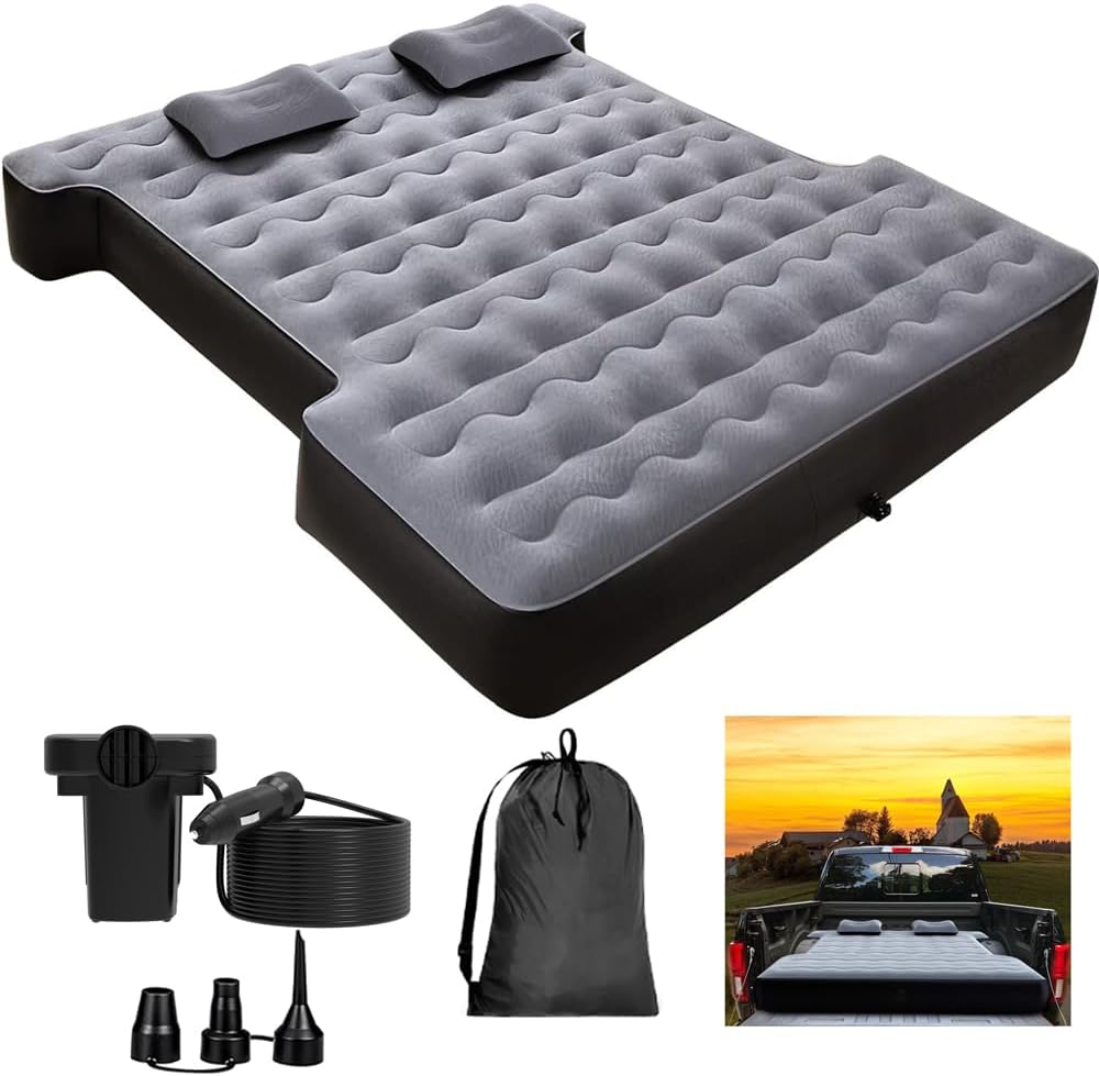 KINMAC Inflatable Full-Size Short Truck Bed Air Mattress 16.4FT Car Air Pump Cord Carry Bag for Outdoor Truck Camping Grey