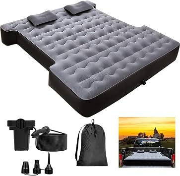 KINMAC Inflatable Full-Size Short Truck Bed Air Mattress 16.4FT Car Air Pump Cord Carry Bag for Outdoor Truck Camping Grey