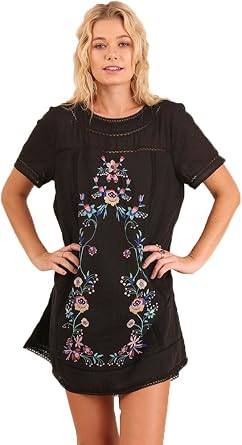 Umgee Womens Casual Style Bohemian Embroidered Short Sleeve Poly Cotton Dress Or Tunic S, Black