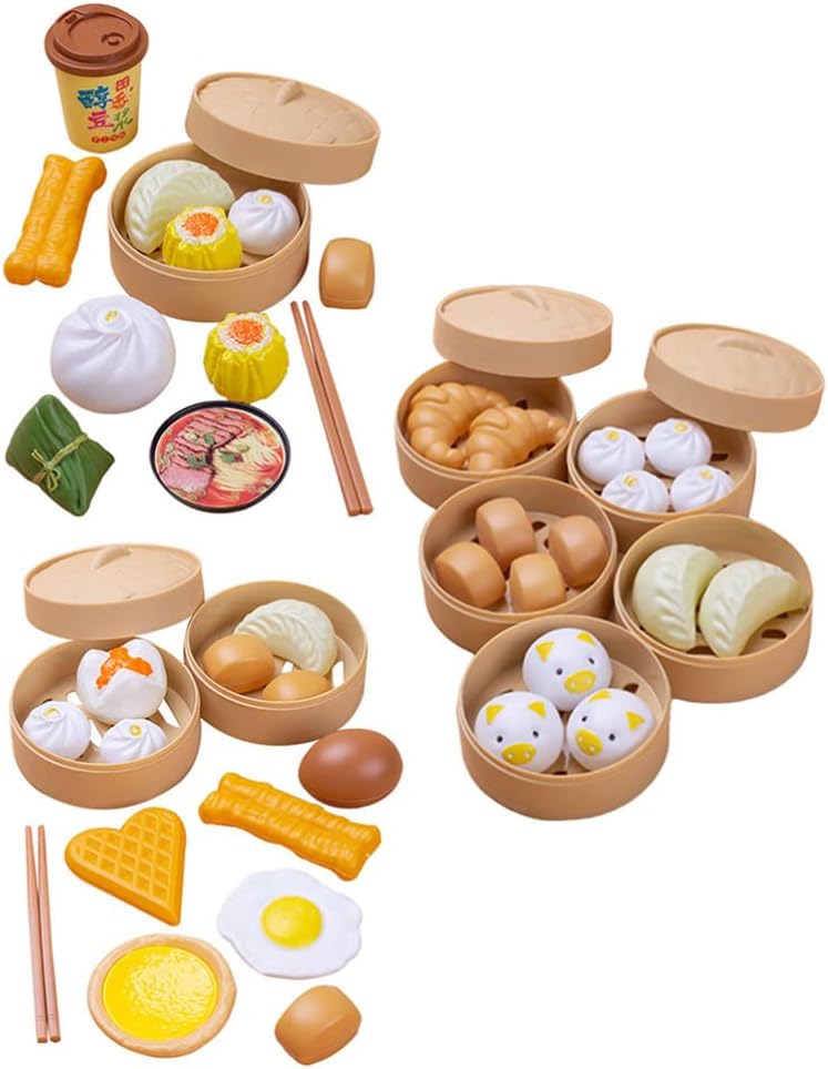 51pcs Pretend Play Toy Dim Sum Set Steamer Buns Chinese Breakfast Toy Fake Cake Toys Kitchen Toys for Kids Cooking Dish Asia Tea Time Christmas Birthday