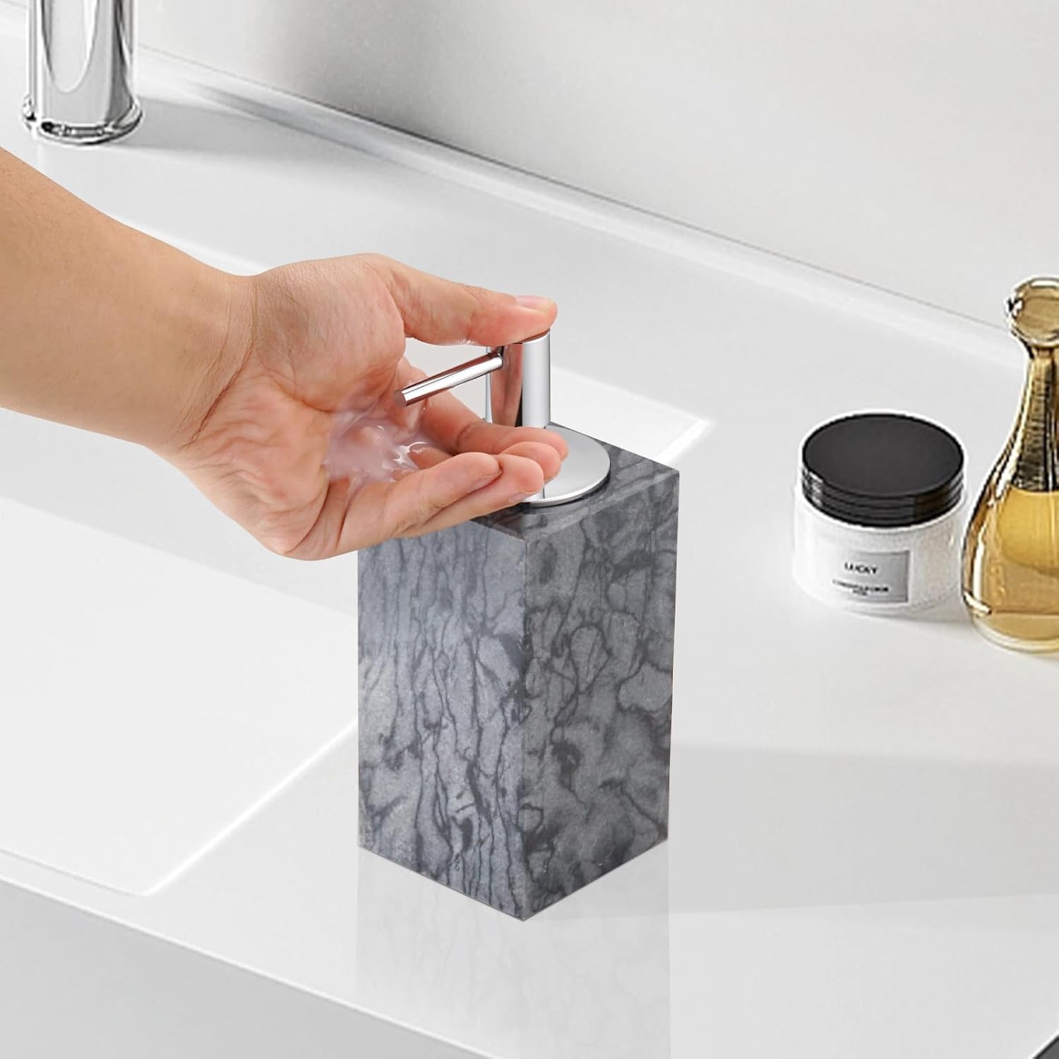 Hand Liquid&Lotion Soap Dispenser Pump Bottle Natural Marble for Kitchen Bathroom Countertop Laundry Room Holds Dish Soap Shampoo Laundry Liquid Shower Gel