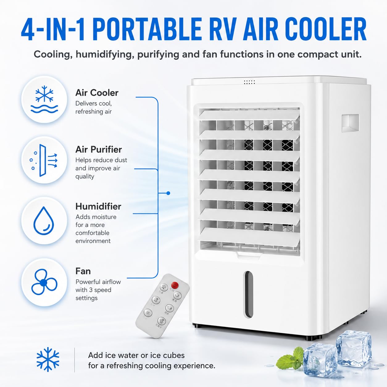 Condizionatore d'Aria per Camper 4 in 1/Raffrescatore d'Aria Evaporativo Portatile per Auto con Telecomando,Mini Ventilatore Raffreddamento per Camper con 3 Impostazioni di velocità 24v