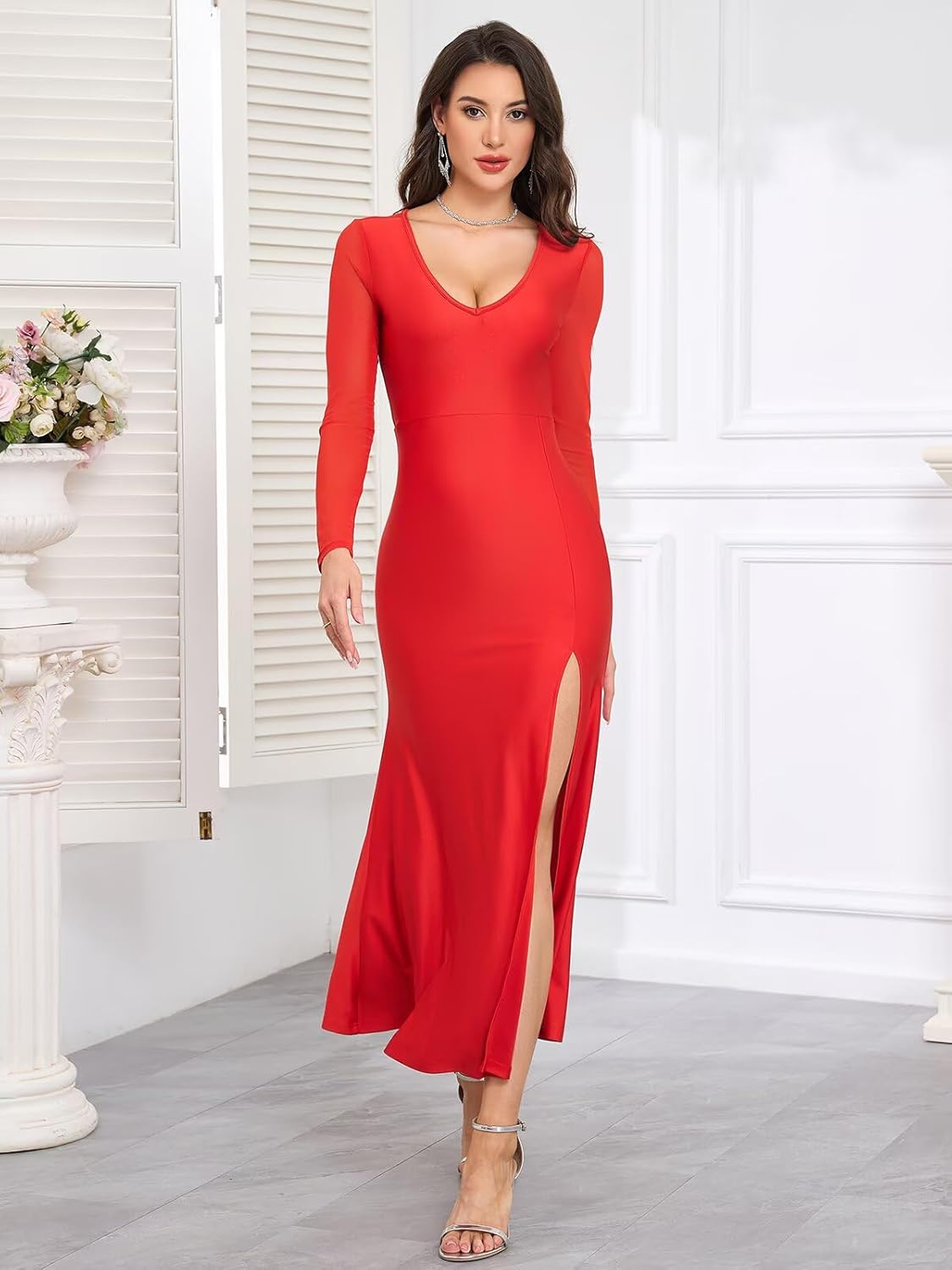 BWQ Women's 2025 Fall Long Sleeve Mesh Sheer Dress Bodycon Split Cocktail Wedding Guest Maxi Dresses - Image 2