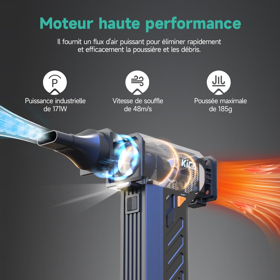 Kica JetFan Ultra Souffleur à air électrique & spray à air comprimé – 130 000 tr/min, vitesse du vent 48 m/s, USB rechargeable, air duster pour PC, clavier, voiture, canapé et bureau avec éclairage
