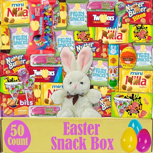 Easter Snack Box Care Package (50 Count) Filled with Assorted Candy Variety Bunny Plush Toy Egg Shaped Treats Basket Stuffers for Kids Springtime Candy Gift Basket