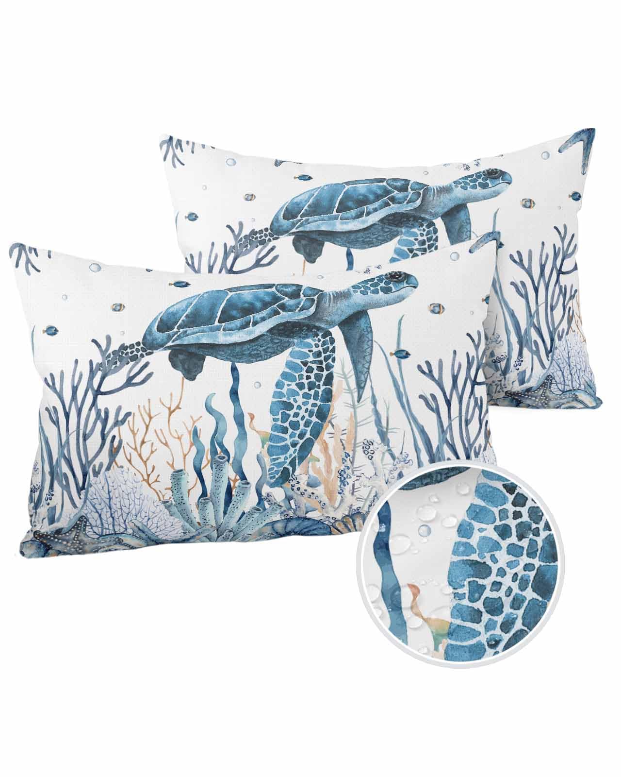 Boanket Lumbar Pillow Covers 12 x 20 in, Blue Sea Turtle Waterproof Throw Pillow Cover Set of 2, Coastal Beach Coral Nautical Shell Home Decorative Rectangle Cushion Covers for Patio/Couch/Garden