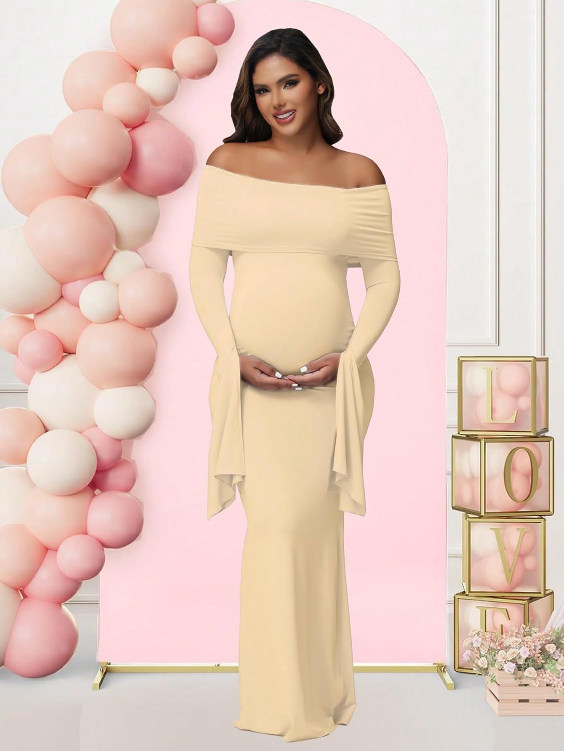 Women's Maternity Long Flared Sleeve Off Shoulder Baby Shower Dress