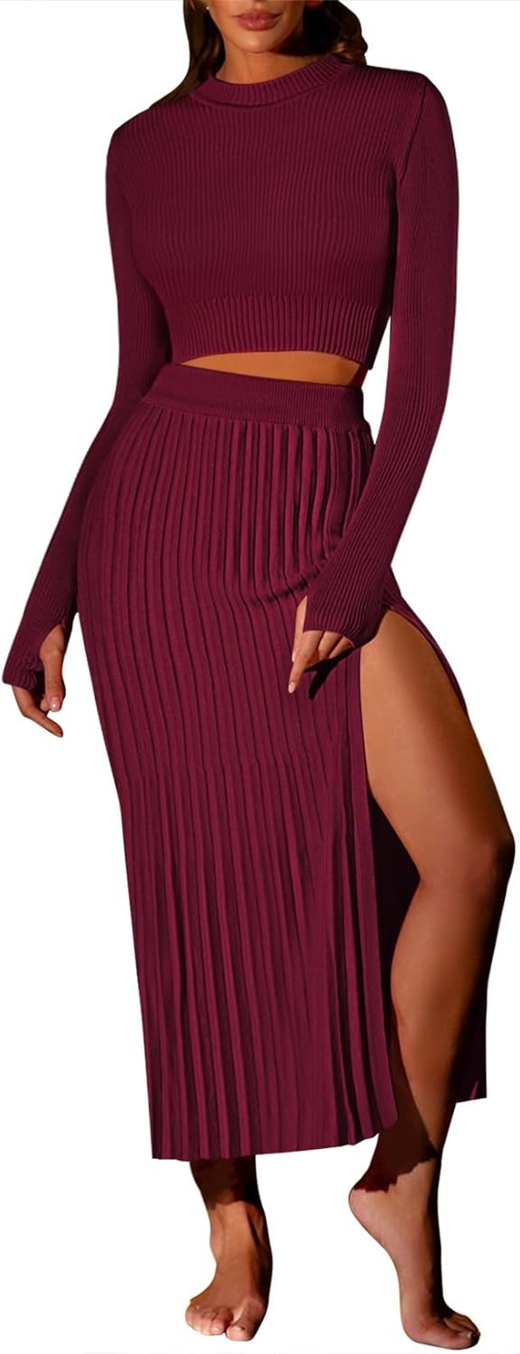 Pink Queen Women's 2 Piece Sweater Outfits Set Long Sleeve Crop Top Ribbed Split Bodycon Midi Long Skirt Knit Dresses