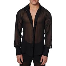 Mens Sheer Mesh Shirt See Through Long Sleeve Top Resort Shirts Stylish Hollow Out