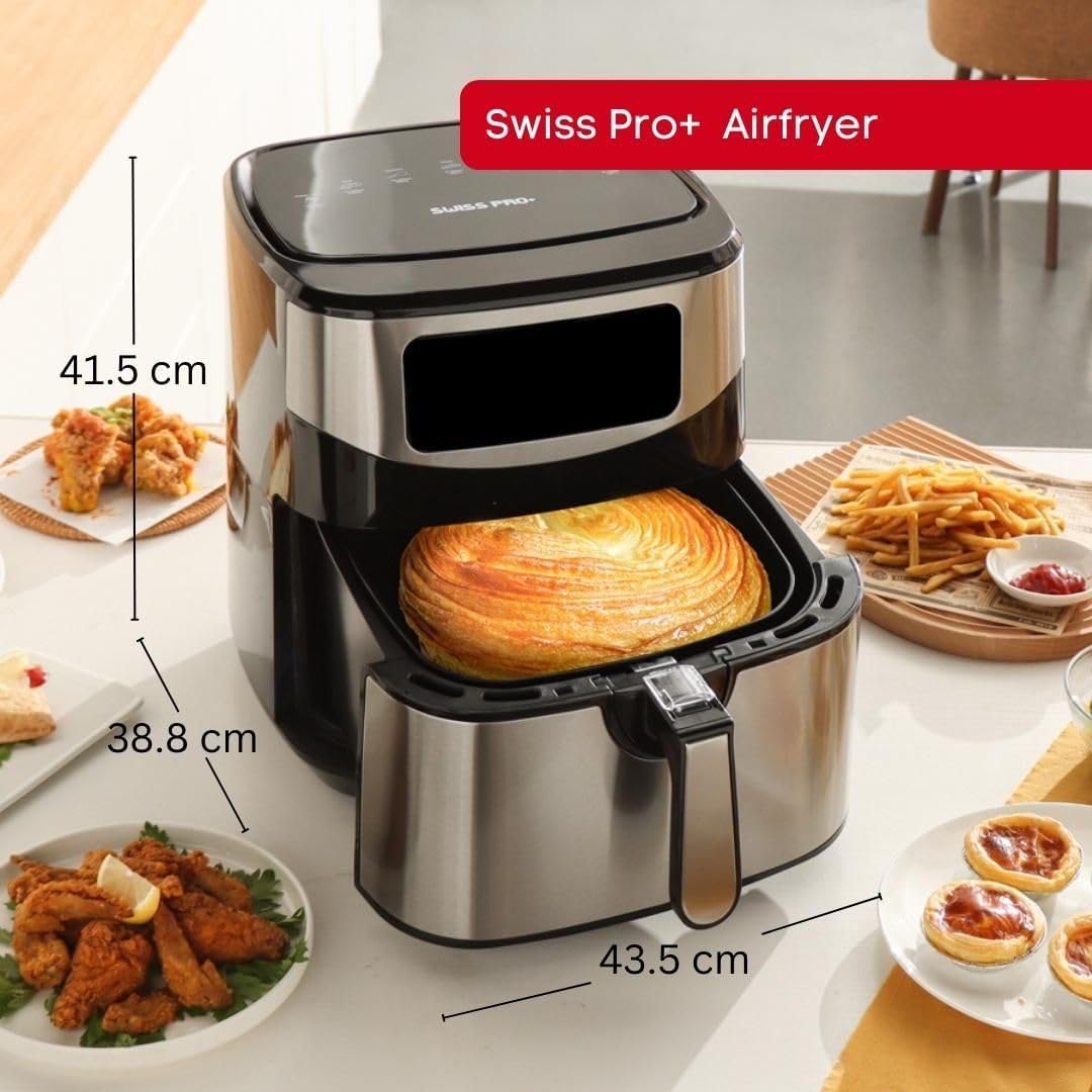 Swiss Pro+ Air Fryer XXL with dimensions labeled