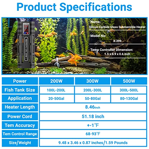 HiTauing 200W/300W/500W Submersible Aquarium Heater for 20-130 Gallon - Upgraded Double Quartz Tubes Fish Tank Heater… - Image 8