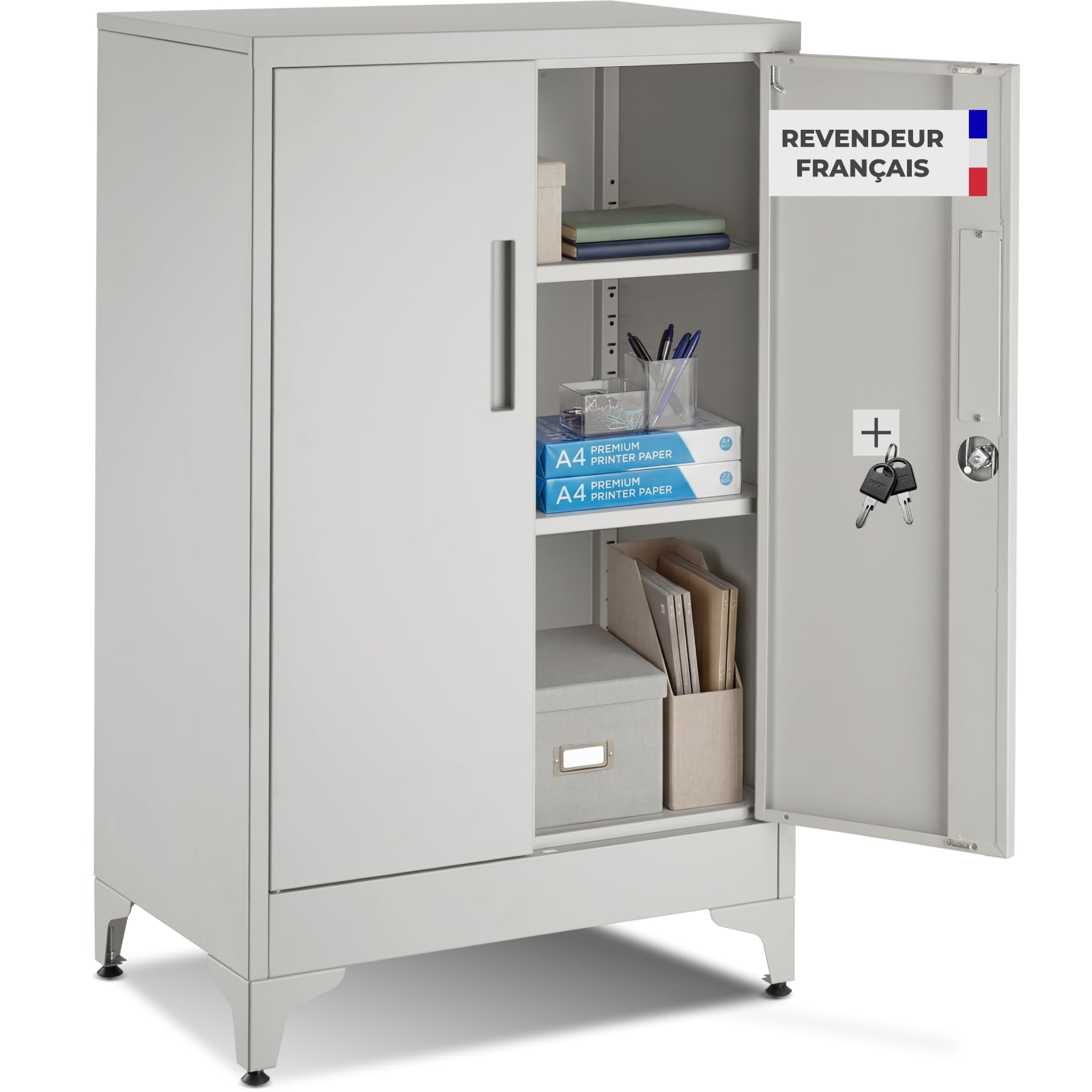tectake® Armoire à dossiers 60 x 40 x 100 cm, Portes à Fermeture magnétique verrouillables, 2 étagères réglables, Armoire de Bureau en Acier thermolaqué, Meuble de Rangement Dossiers, Classeurs - Gris
