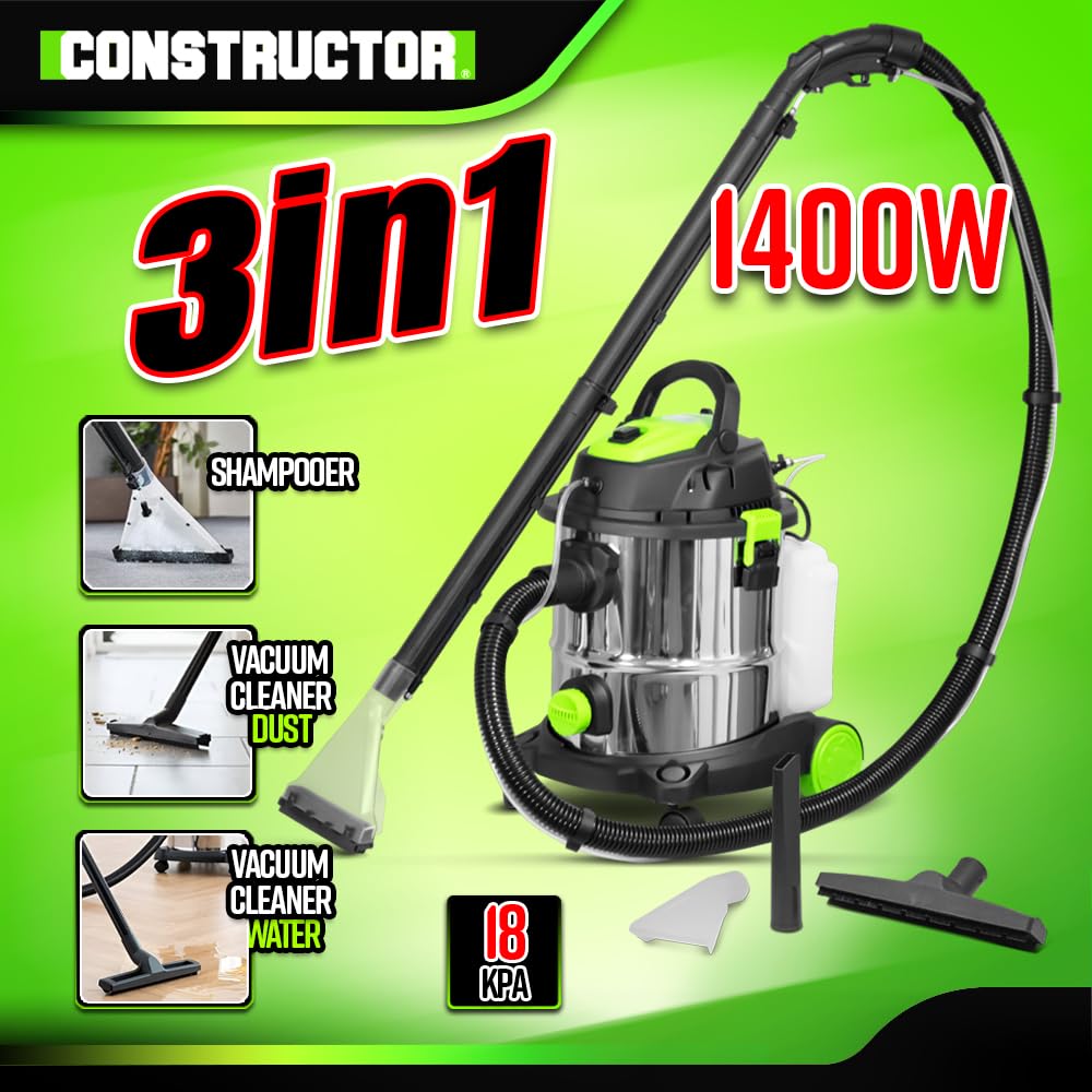 CONSTRUCTOR Aspirateur Eau et poussières/shampouineuse 1400W - 20L INOX - 18 Kpa avec soufflerie