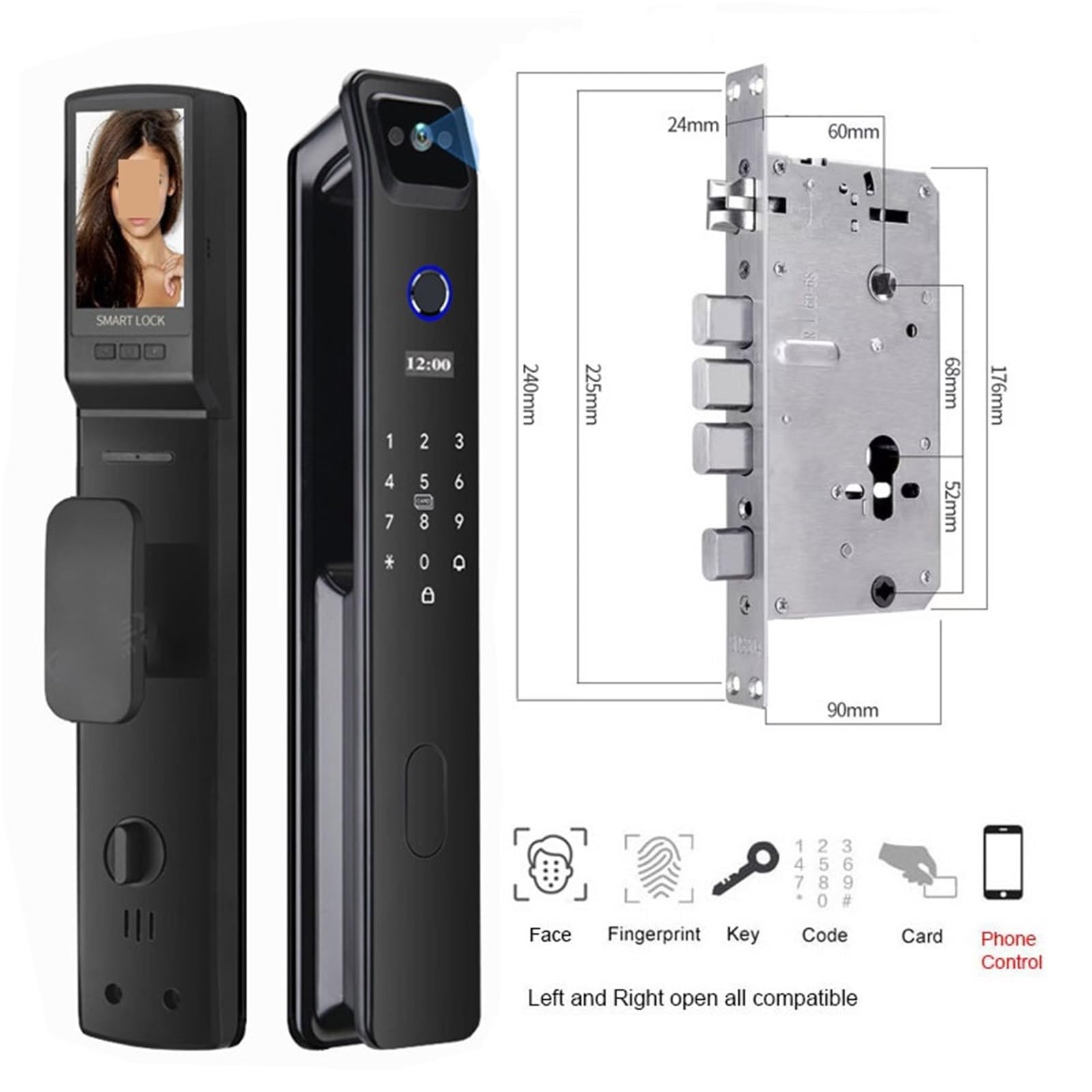 Serrure intelligente à reconnaissance f-a-ciale 3D, avec caméra intégrée, WiFi, application d'empreintes digitales, télécommande, Kit de verrouillage mortaise Bureau Commercial(24 240Mortise)