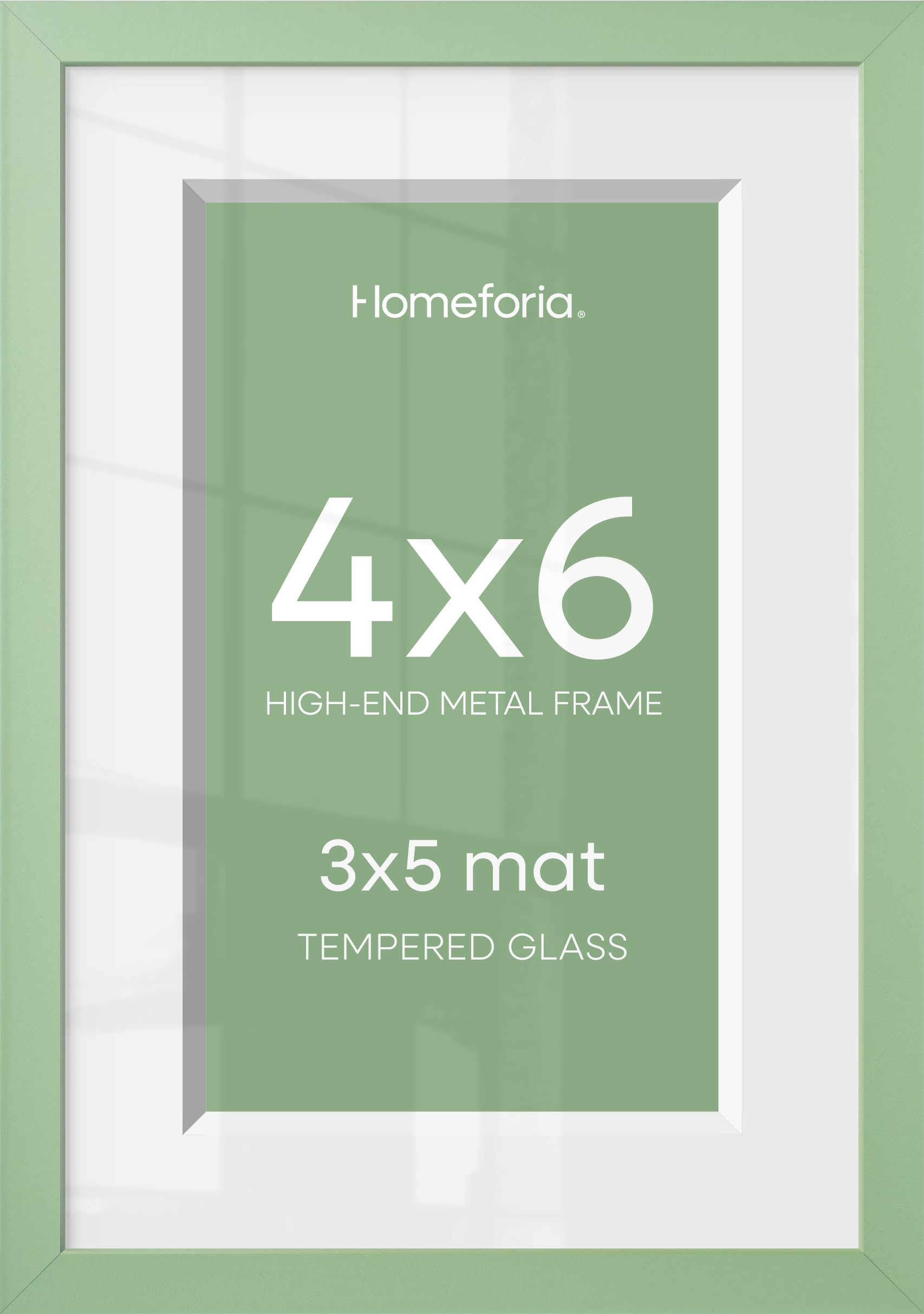 Homeforia 4x6 Green Picture Frame, High-End Metal, 3x5 Mat, Glass | High End Aluminum, Tempered Glass, Acid-Free 3x5 Removable Mat, 4x6 in Edge-to-Edge Display 6x4, Wall Kit, Set Of 1