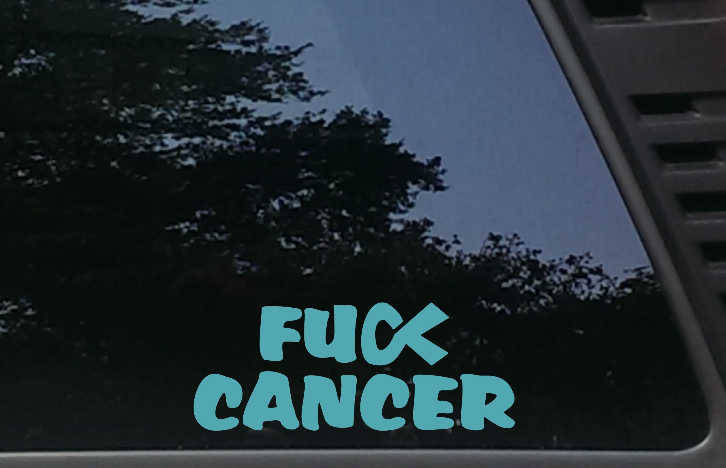 Barefoot GraphixFCK Cancer w side ribbon - TEAL Ovarian Cancer Awareness - 7 1/2" x 3" die cut vinyl decal for windows, cars, trucks, tool boxes, boats, laptops - virtually any hard, smooth surface. NOT PRINTED! MADE IN THE USA