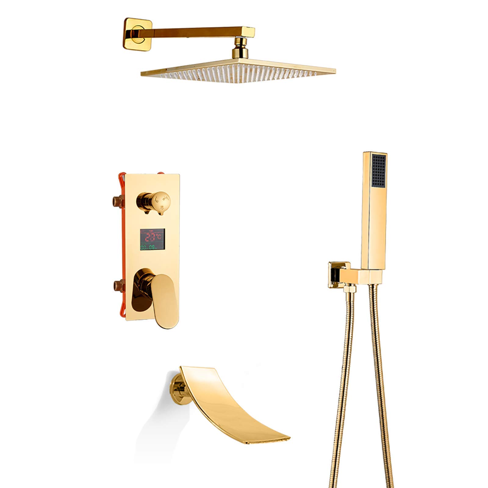QUSYZD with Digital Display, Gold Rain Mixer Shower Combo Set Wall Mounted Bathroom Shower Faucet Set with Shower Head, Handheld Shower, Waterfall Tub Spout,16 Inches,16 In,16 Inches